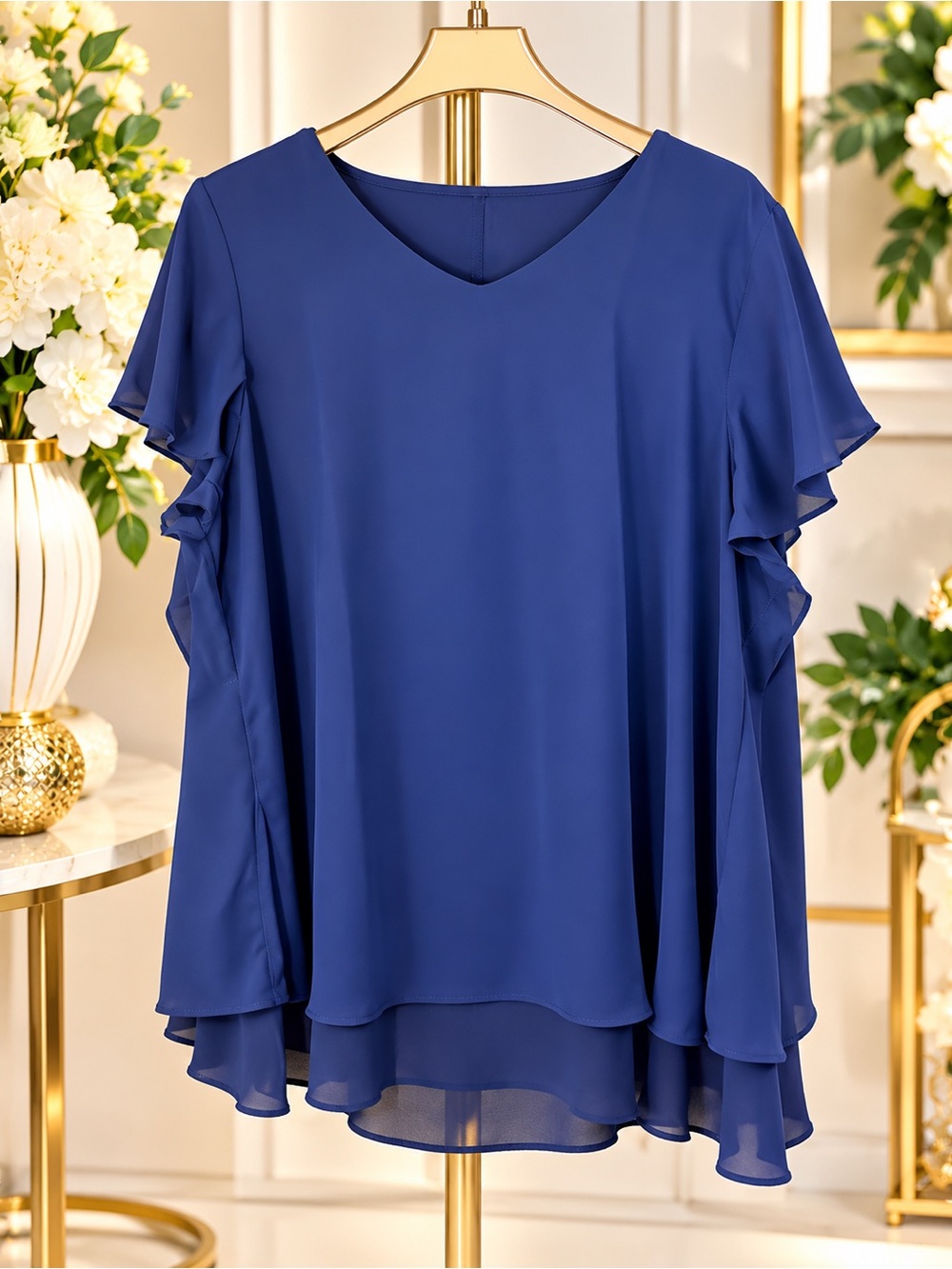 Women's Flutter Sleeve V-Neck Blouse - Royal Blue